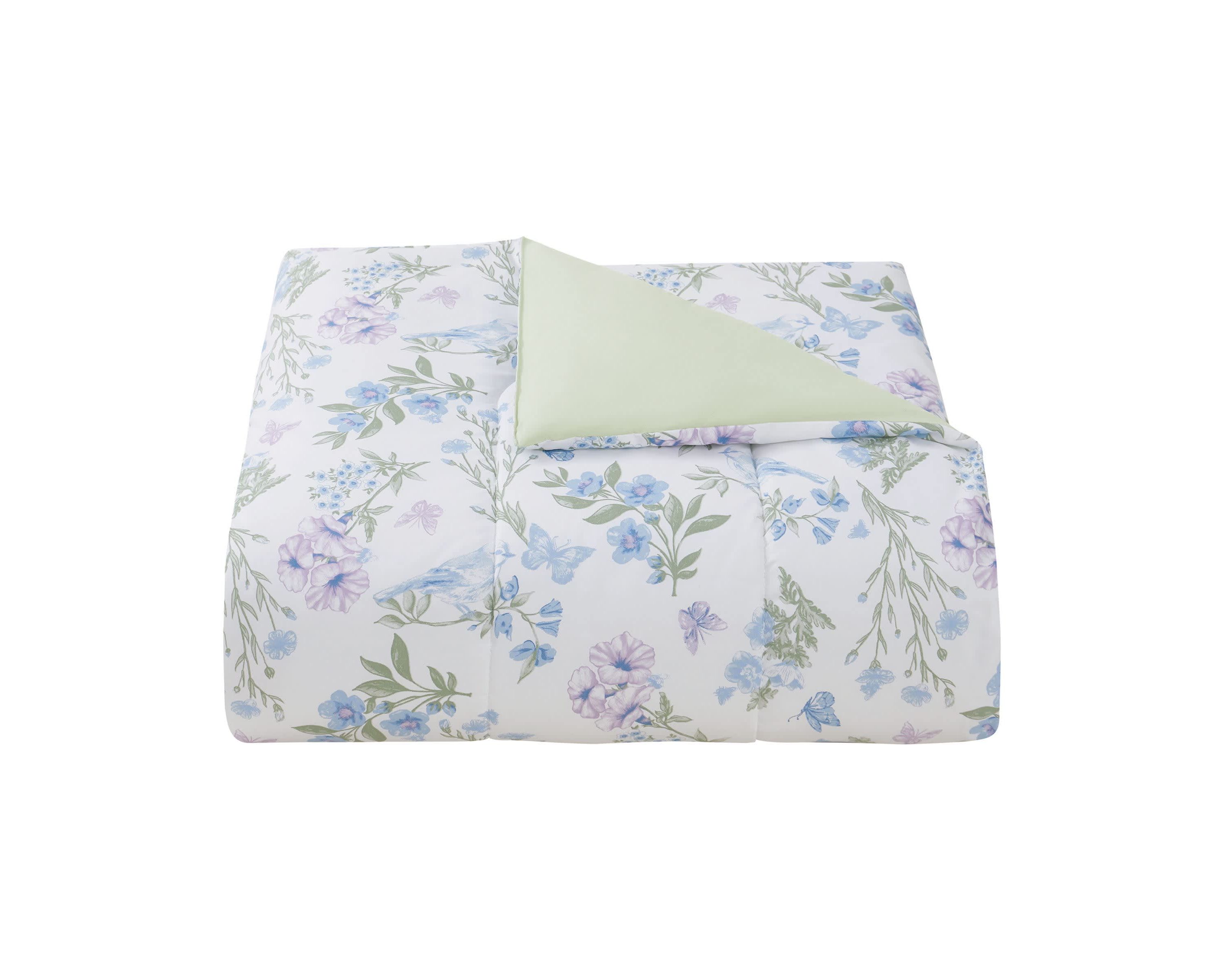 Transform your bedroom into a peaceful garden retreat with the Bird Garden Seafoam 5pc Comforter and Quilt Set. Featuring delicate watercolor blooms, fluttering butterflies, and soft bluebirds on silky microfiber, this set brings nature’s calm indoors. Reverses to a tranquil seafoam green for added serenity.